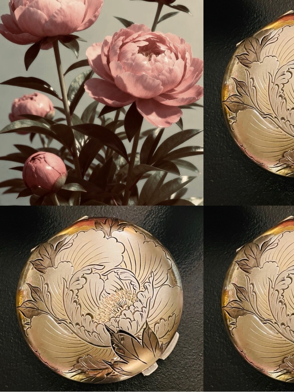 ♥️ Vintage 40s Peony Japanese Floral Engraved Compact - Sterling Silver.